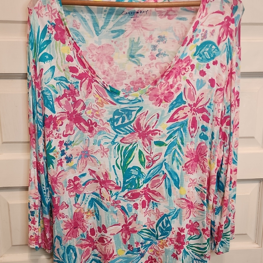 Casey KEY Floral Print Women's Top XL Vneck